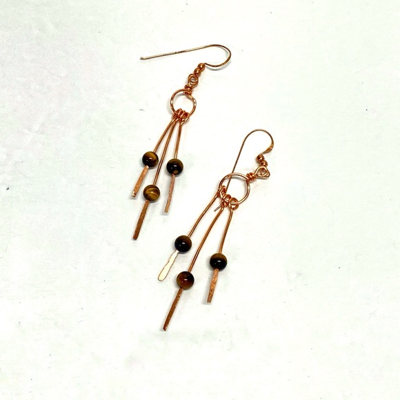 HANDMADE Tigers Eye and Hand Wrapped and Hammered Bare Copper Dangle Earrings - Picture 5 of 10